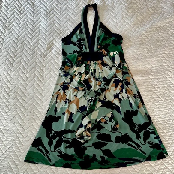 BCBGMAXAZRIA Halter Floral Fit & Flare Dress Sage Navy Resort Coastal Chic XS - Picture 11 of 16
